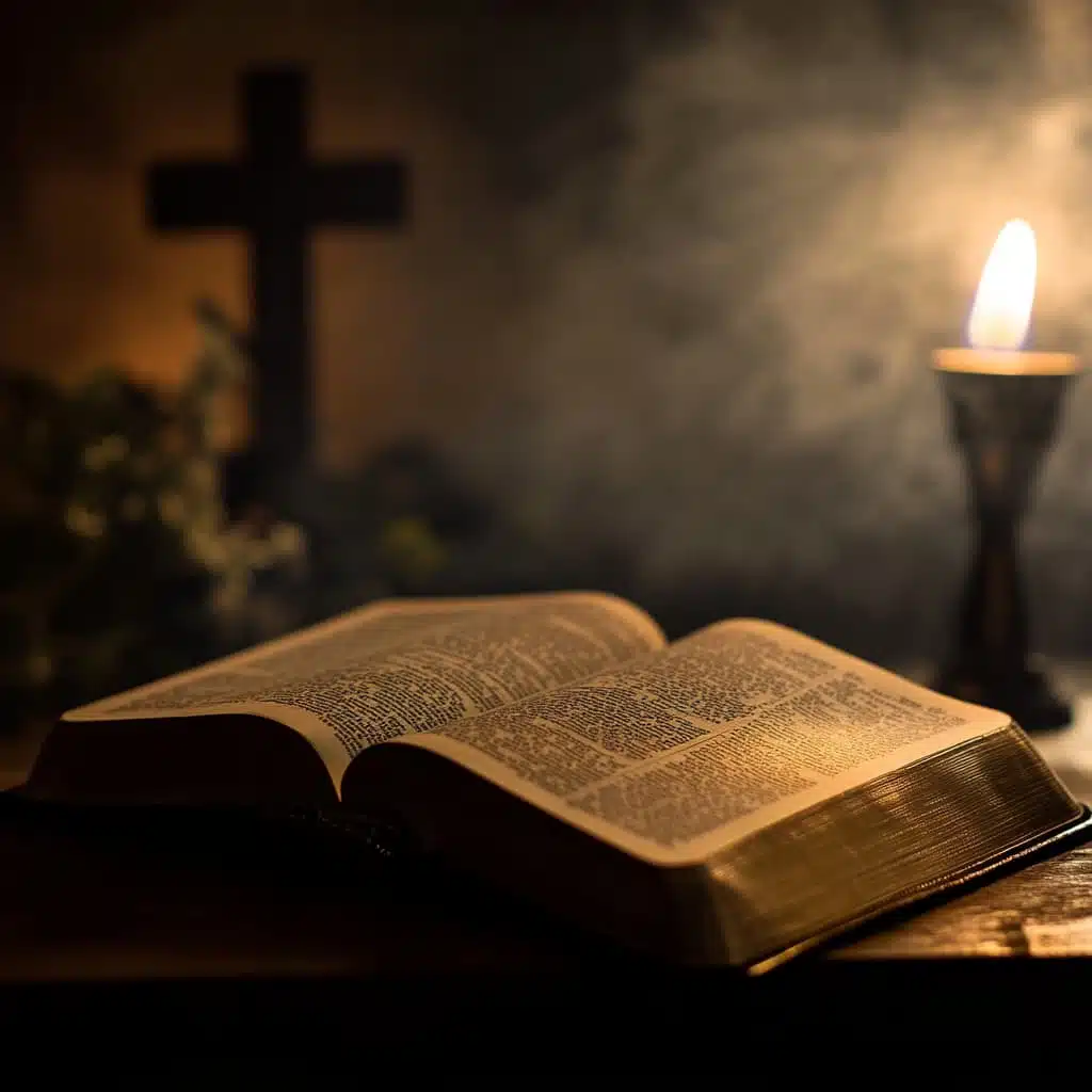 Serene and respectful image depicting a biblical theme related to burial and cremation. A peaceful scene with an open Bible resting on a wooden table, illuminated by soft light. In the background.