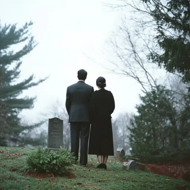 Couple dressed in black clothing standing near a grave at a cemetery