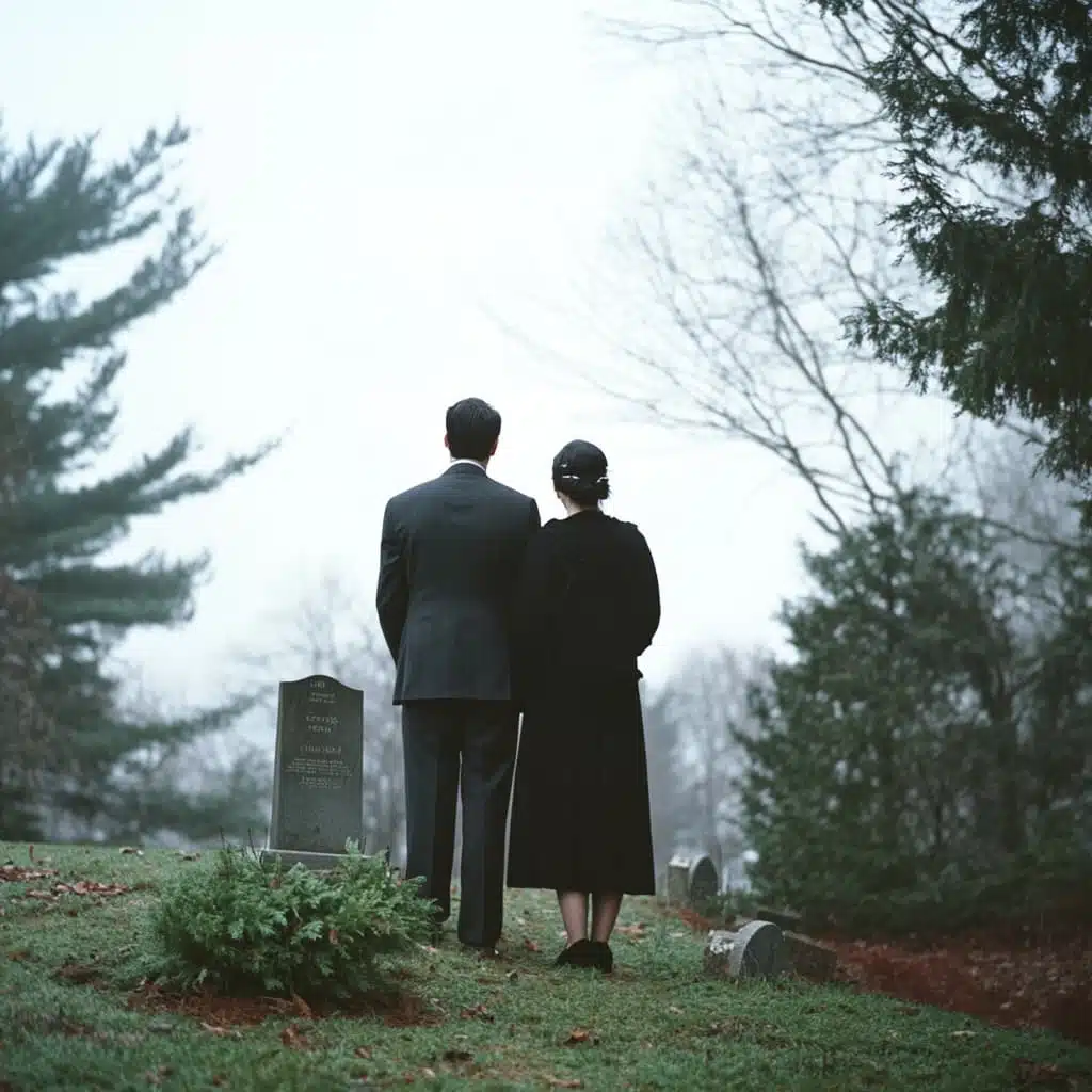 Couple dressed in black clothing standing near a grave at a cemetery